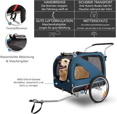 Причеп для собак XL 2-в-1 для велосипеда та візка, з гальмом та світловідбивачами, матеріал 600D Oxford, до 40 кг (Блакитний)