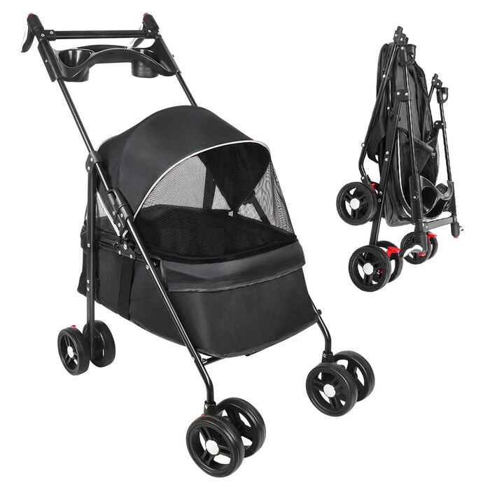 Візок для собак Homewell 2в1: візок-будка, сумка-переноска, з підстаканниками, чорний, 50x70x99 см