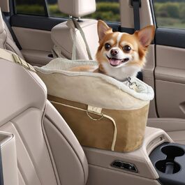Автокрісло для собак, підходить для маленьких собак до 13,6 кг, з підголівником та безпечним ременем, коричневе, з кишеньками для зберігання