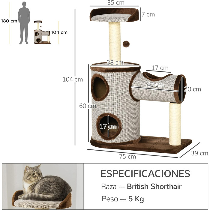 PawHut Дерев'яний кігтеточка для котів середнього розміру, 104 см, з ліжком, тунелем, сизалевими стовпчиками та м'ячиком, 75x39x104 см, коричневий