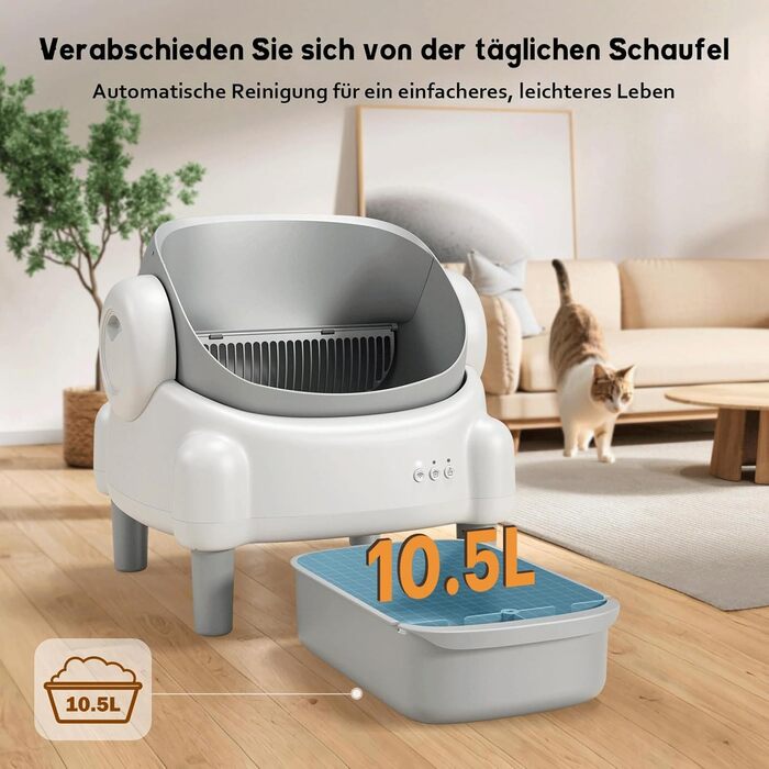 Автоматичний лоток для котів з відкриванням зверху, з керуванням через додаток, датчиком безпеки та 2 рулонами наповнювача, білий та сірий (MN-2) MN-1