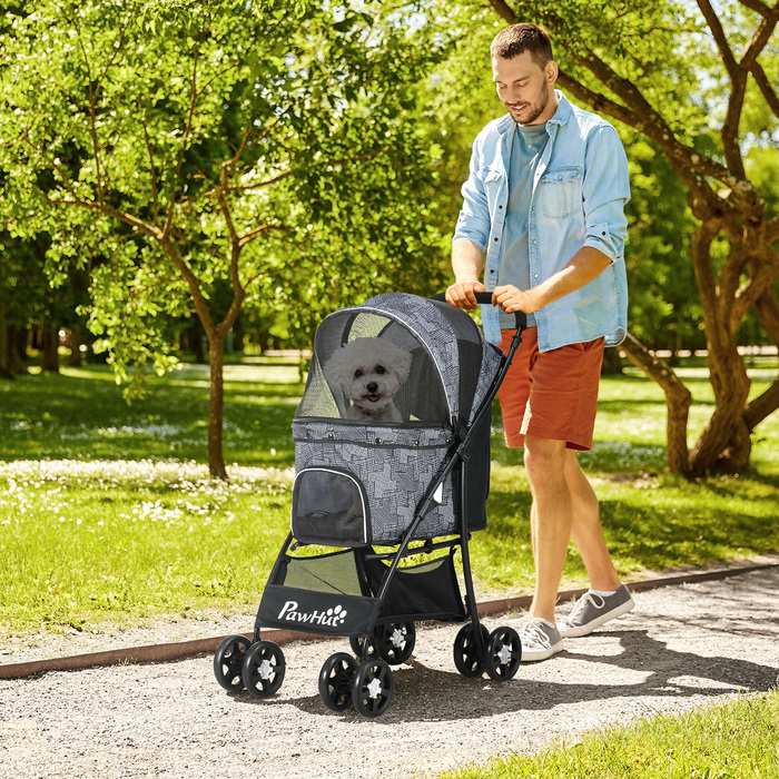 Складаний візок для собак PawHut Dog Buggy з подушкою для собак і кішок, сітчасте вікно, місце для зберігання, тканина Оксфорд, 81 x 48 x 99 см, сірий чорний