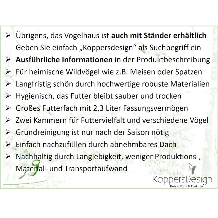 Силосна годівниця для птахів Koppersdesign, підвісна, водостійка, FSC-тверда деревина, шиферний дах, люксова ручна робота, дві камери для корму