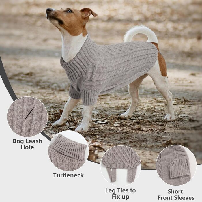 Теплий пуловер для собак середнього розміру з отвором для шлейки та петлями на ніжках, вязаний ролкраг. Підходить для Французького бульдога, Такси. Колір сірий, розмір L (Обхват грудей 54 см, довжина спини 40 см)