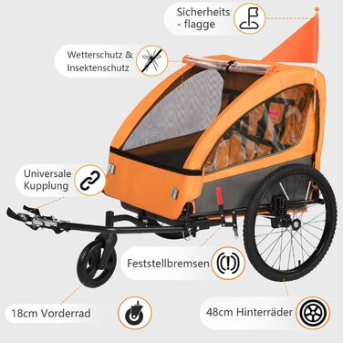 Дитячий велопричіп 2в1 з функцією коляски та бігуна, амортизація, регульована ручка-штовхач та гальма, для 1-2 дітей, до 40 кг (Помаранчевий)