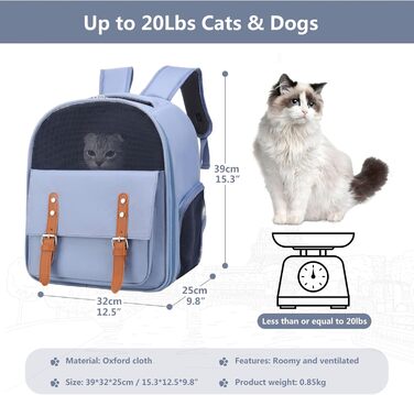 Рюкзак для собак та котів PETCUTE до 8 кг, з внутрішньою страхувальною лінією, дихаючий, з вікном, знімний килимок, блакитний