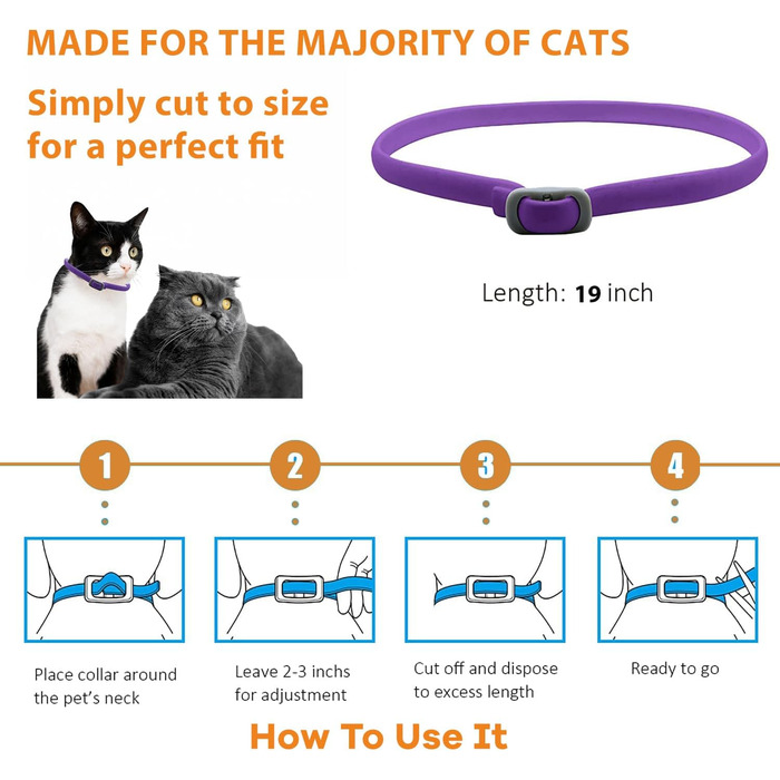 Захисний нашийник від бліх та кліщів для котів Pets4Luv | 8 місяців захисту | Водостійкий, регульований (до 48 см) | 3 шт.