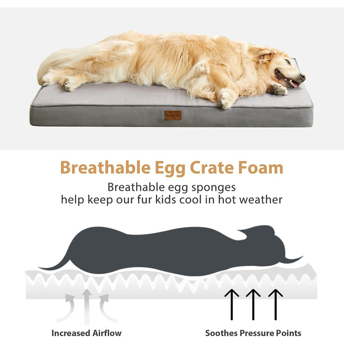 Зручне ортопедичне ліжко для собак великих та середніх порід, вологостійке, знімний чохол, сірий колір (36x27x3 дюйми)