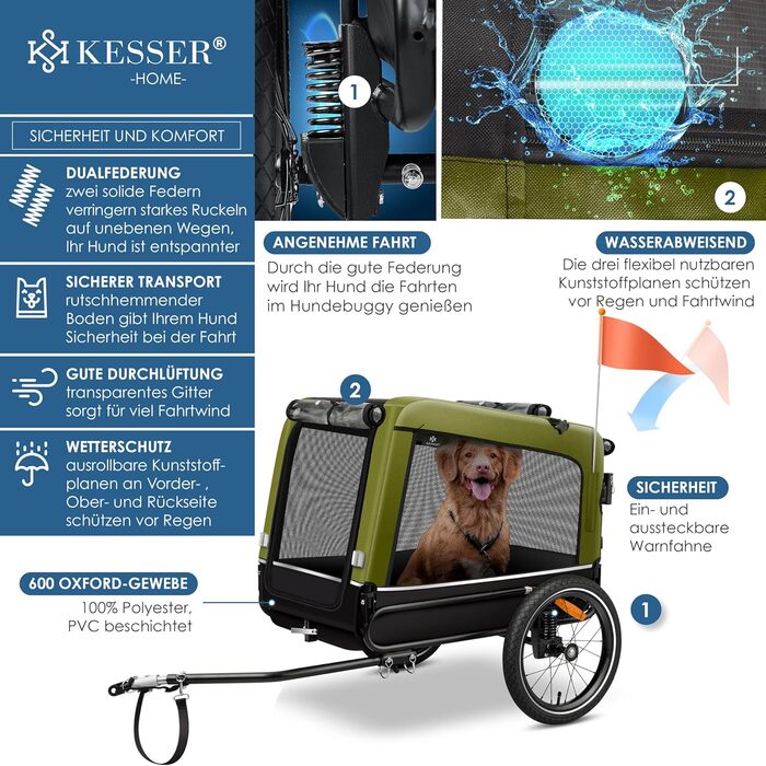 KESSER® причіп-візок для собак Boxer 3в1, велосипедний, прогулянковий, 240 л, 600D Оксфорд, амортизований, до 40 кг, з тримачем для напоїв