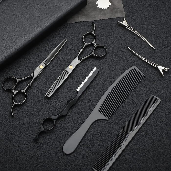 Набір професійних перукарських ножиць PURPLEBIRD: 10 шт. (чорний). Ножиці для стрижки та фінальної обробки волосся з нержавіючої сталі. Ідеально для перукарів, барберів та початківців.