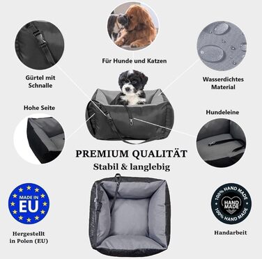 KING DOG Автокрісло для собак до 8 кг. Транспортна переноска для автомобіля з кріпленням на ремінь безпеки та м'яким килимком. Складається, легко миється. Підходить для SUV та легкових автомобілів (55 x 55 см, чорно-сірий)