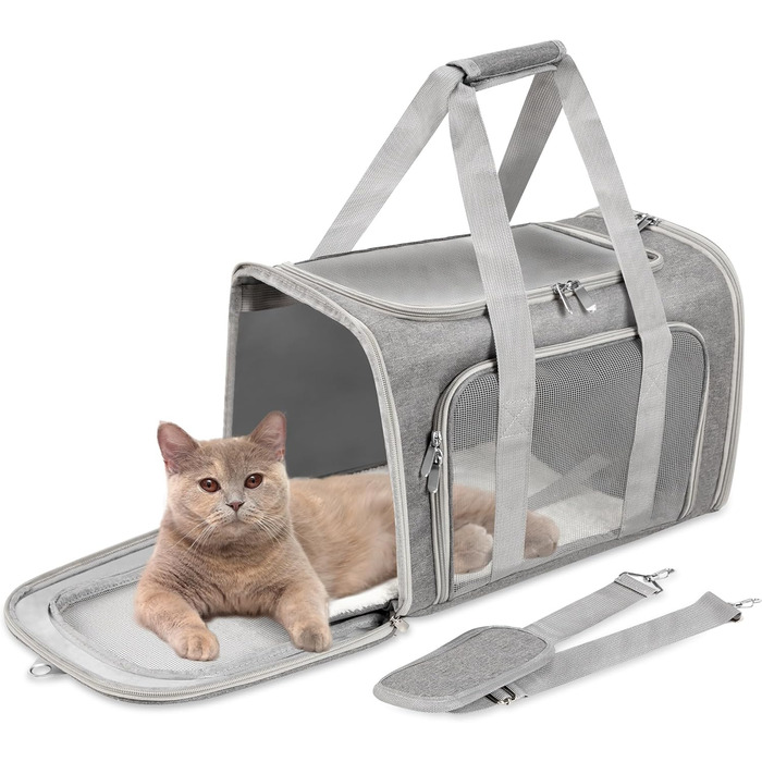 Транспортна сумка для котів/собак/домашніх тварин, складна, сірого кольору, для великих котів/маленьких собак, з плечовим ременем та знімною підстилкою, сітка, до 7,3 кг, розмір M (43x28x28 см)