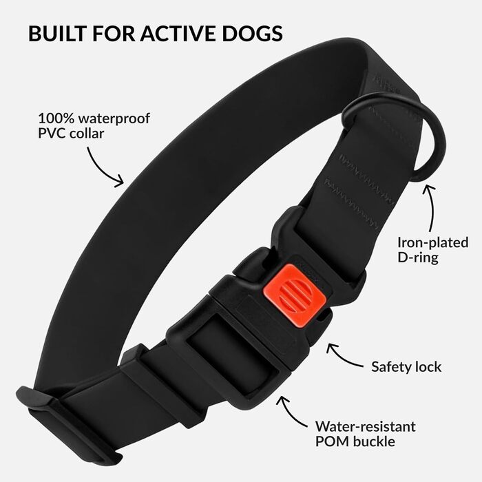 Водонепроникний нашийник для собак CollarDirect, регульований, силікон та пластик, стійкий до запахів, легко миється, з надійним затвором, для малих, середніх та великих собак (Чорний, XL (45-66 см))
