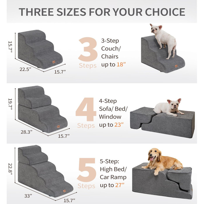 Сходи-рампа для собак Made4Pets, 4-ступінчасті, з 35D піни, для ліжка, дивана, килимка, для малих собак і котів, протиковзкі, сірі