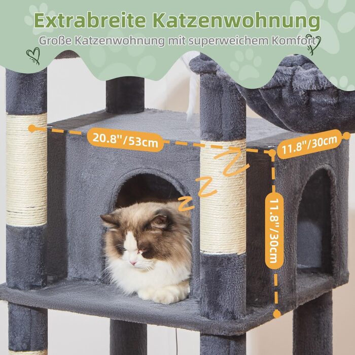Комплекс для котів Taoqimiao 180 см XXL: Дряпка-стовпчик для великих котів (Мейн-кун), будиночок, гамак, платформа, 9 стовпчиків, кошик, темно-сірий
