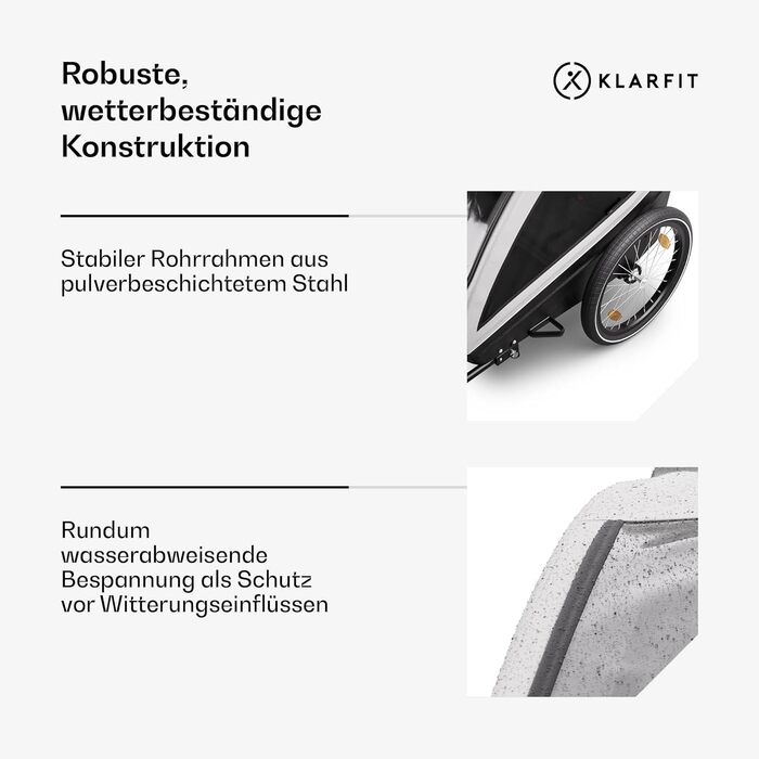 Klarfit GoKiddo: Причіп для велосипеда на 2 дітей - 2в1 (велопричіп та візок) з гальмами, ременями безпеки, регульованими сидіннями, вантажопідйомністю 40 кг, захистом від дощу та UV, складаний (світло-сірий)