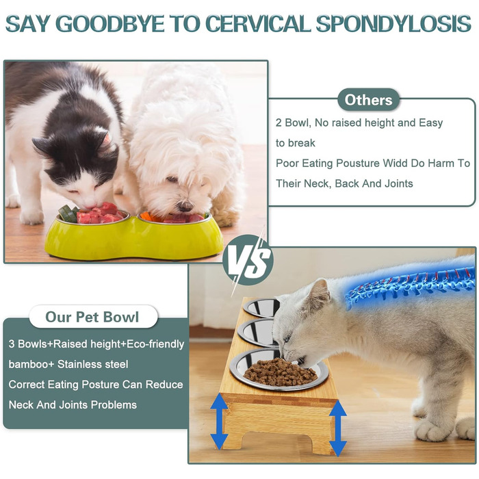 Набір мисок для котів та собак 3 шт. з підставкою з бамбука, підняті миски, нержавіюча сталь
