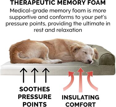 Ліжко для собаки Furhaven середнє з ортопедичним матрацом Memory Foam, штучне хутро і велюр, диван-стиль, знімний та праний чохол, темно-зелений