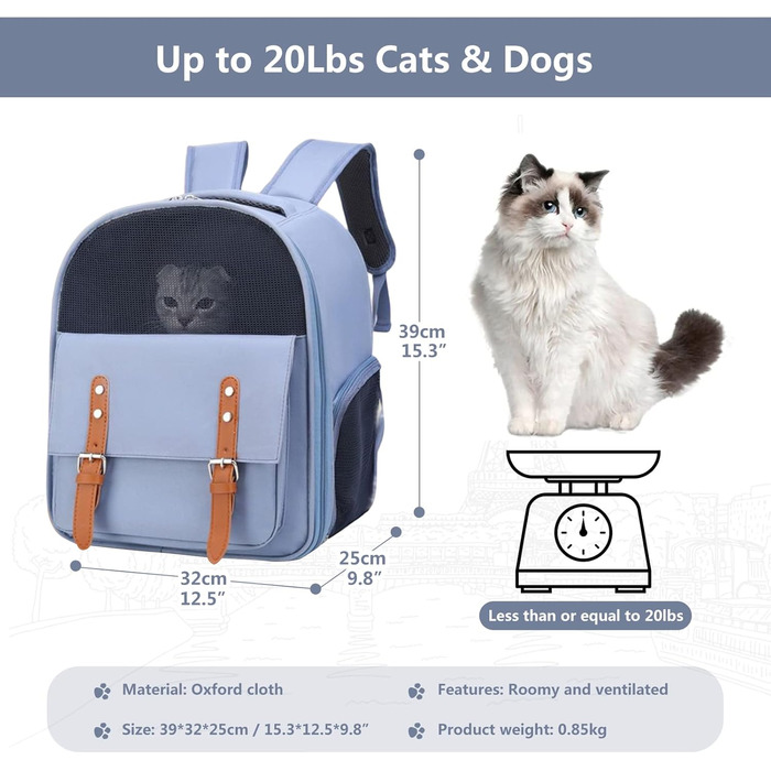 Рюкзак для собак та котів PETCUTE до 8 кг, з внутрішньою страхувальною лінією, дихаючий, з вікном, знімний килимок, блакитний