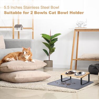 Підвищена годівниця для котів з килимком, нахилений на 15°, миска проти блювоти для корму та води, 2 шт. з нержавіючої сталі для котів та цуценят (Сірий), 2 миски (змінні миски, 14 см, 2 шт.)