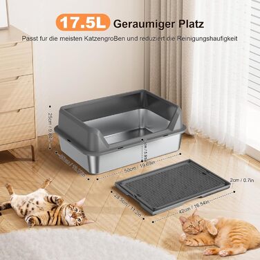 Котлочистка Euakee з нержавіючої сталі з кришкою, XL велика для великих котів, з високими бортиками, лотком та педаллю, антипригарна, вологостійка, легко миється