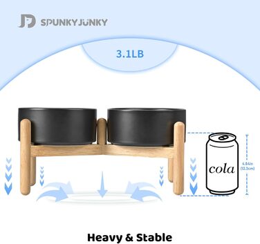 Піднята керамічна миска для корму і води SPUNKYJUNKY з дерев'яною підставкою, подвійна, для малих і середніх собак, 825 мл, чорна