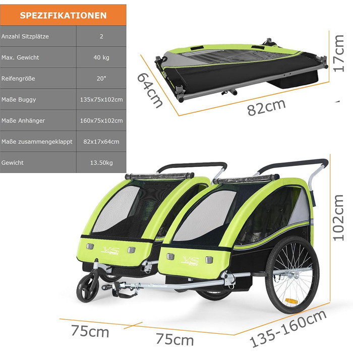Дитячий причіп Tiggo VS 2 в 1: велосипедний причіп + коляска Jogger, 50202 (зелений лемон)