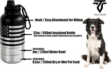 Ізольована пляшка для води для собак TALA TEAM - туристична пляшка з мисками для собак, чорна