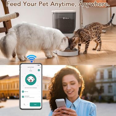 Olfjurk автоматична годівниця для котів і собак 4 л, Wi-Fi, керування через додаток, 6 порцій на день, з нержавіючою мискою, біла