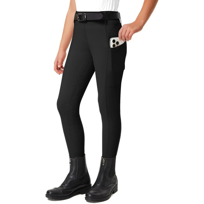Дитячі штани для їзди верхи FitsT4 - спортивні рейтузи для дівчаток, повний силіконовий наповнювач, рейкові штани, літні штани з 2 бічними кишенями та петлями для ременя, чорний колір, розмір L