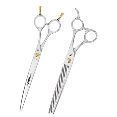 Професійний набір ножиць для грумінгу домашніх тварин 19,1 см, для собак, прямі та зігнуті ножиці, фінішна ножиця VG10 сталь (зігнута та тонка)