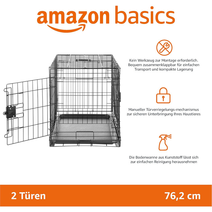 Клітка для собак Amazon Basics складна металева з двома дверцятами, чорна, 76 x 48 x 53 см