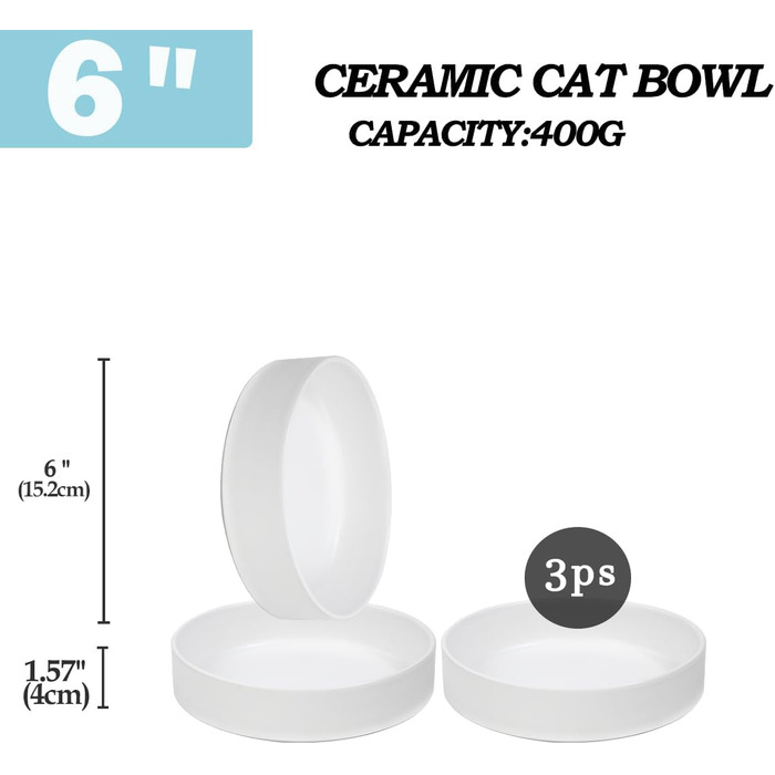 Набір мисок для котів з кераміки, 3 шт. – миски для котів та кошенят, 15 x 4 см, білий