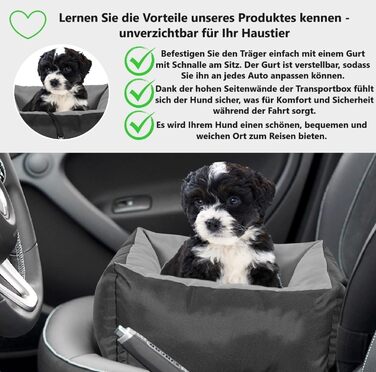 KING DOG Автокрісло для собак до 8 кг. Транспортна переноска для автомобіля з кріпленням на ремінь безпеки та м'яким килимком. Складається, легко миється. Підходить для SUV та легкових автомобілів (55 x 55 см, чорно-сірий)