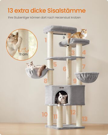 Декілька поверхів, великий котячий будиночок Feandrea, XXL, 55 x 55 x 186,7 см, товсті сизалеві стовпи (11 см), для великих котів (наприклад, мейн-кун), сірий та чорний котячий будиночок, PCT008G02