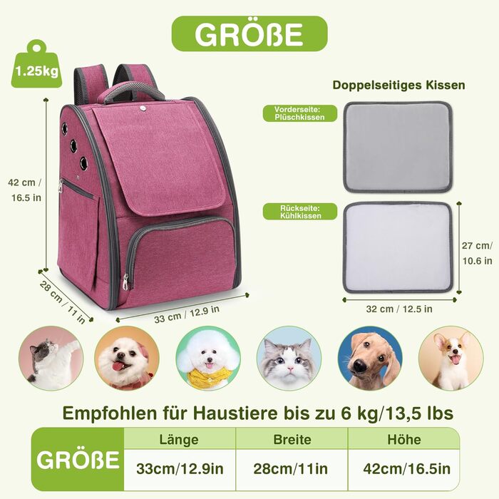 Рюкзак для котів та собак ALLSOPETS, складний, дихаючий, з сонцезахистом, для маленьких котів та собак. Ідеально для подорожей, кемпінгу та походів (Колір: Ягідний рожевий)