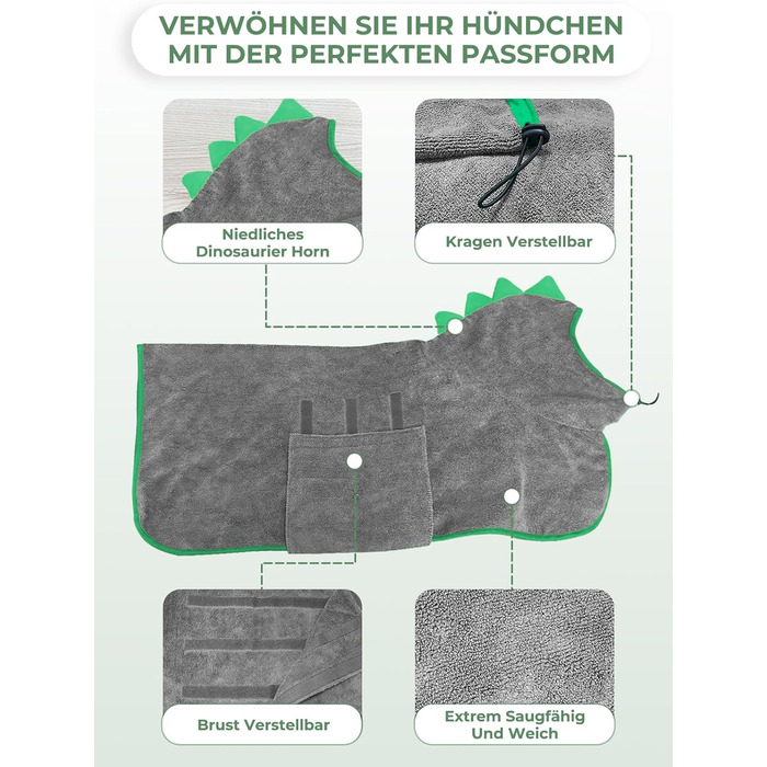 Рушник для собак з мікрофібри, халат для собак, швидковисихаючий, з регульованим коміром на липучці, для великих, середніх та маленьких собак/котів (Сірий зелений, M)
