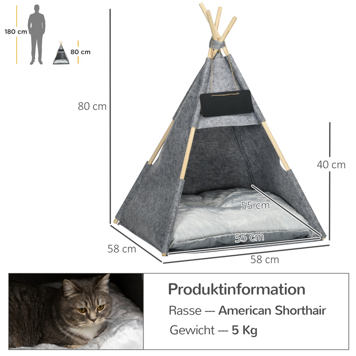 PawHut Pet Tent Cat House & Dog Tent з м'якою подушкою з плюшу та фетру, можна прати в пральній машині, сірий 58x58x80 см