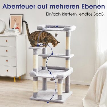 Ігровий комплекс для котів Katzenbaum (139 см) з гамаком, збільшеними платформами та сизалевими стовпами для дряпання, багатоярусний когтеточка-замок, світло-сірий