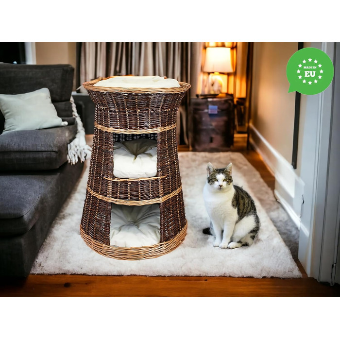 Корзина для котів для сну - котяча хатинка для дому - розмір 43 x 49 x 70 см, кругла - котяча печера з лози, трирівневе ліжко для собак або котів з пральним подушками в кольорі слонова кістка - лакована корзина з бежевими подушками