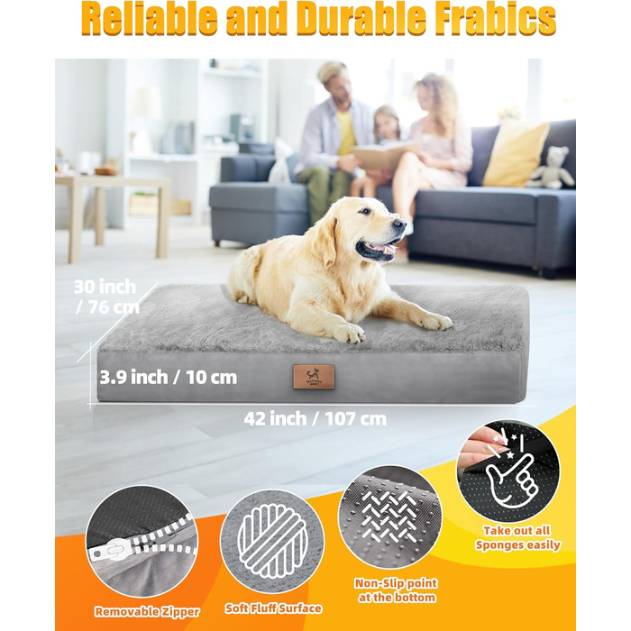 Ортопедичне ліжко для собак Sytopia, великих порід, 107x76x10 см, сіре. Знімна водонепроникна наволочка, антиковзаюча підкладка, міцна матрацна поверхня.