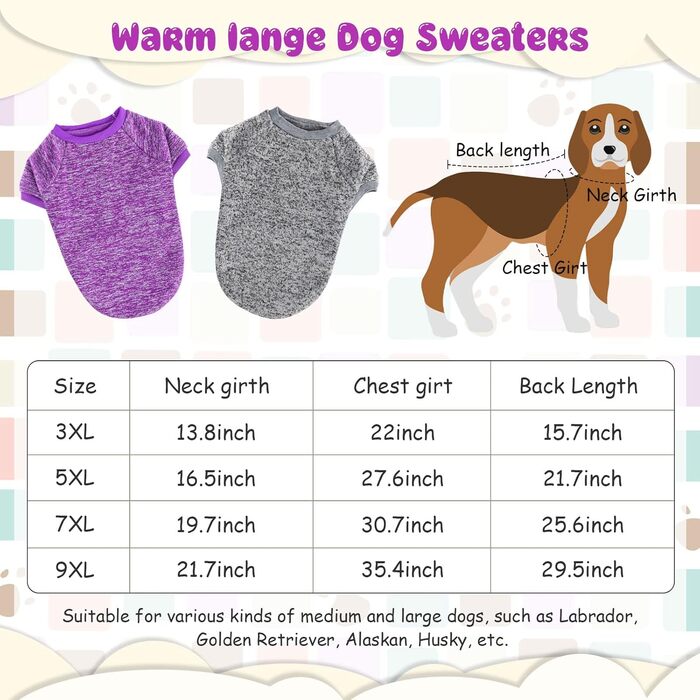 Пуловери для собак Rypet 2 шт. великого розміру, теплі зимові пуловери для собак, м'які, теплі, для середніх та великих собак, 9XL (Обхват грудей: 89.9 см, Довжина спини: 74.9 см), фіолетовий та сірий