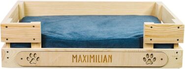 Персоналізоване ліжко для котів LAUBLUST з іменем - гравіювання лапок та імені - диван-ліжко для великих та маленьких котів | Диван-софа для кота - лежанка-платформа з дерева з подушкою | приблизно 60x40x15 см, коричневий (з блакитною подушкою)