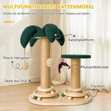 Інтерактивне котяче іграшкове комбо 6-в-1: дерев'яні меблі, кулі, пір'я, м'яч-трекер, котячий когтеточки з сизалю та джуту. Підходить для маленьких та середніх котів. Зелений колір.