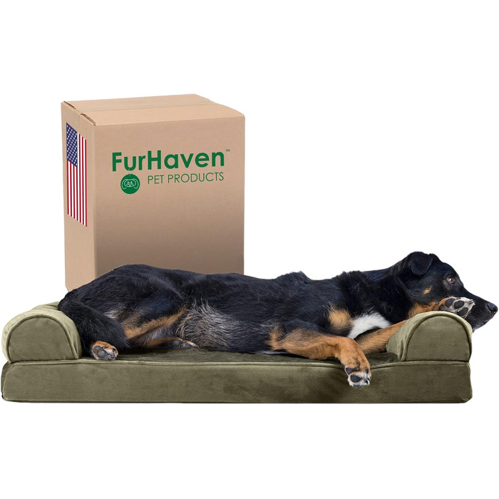 Велике ортопедичне ліжко для собак Furhaven з пам’ятною піною, штучне хутро та оксамит, диван-форма, знімний чохол, темно-зелений
