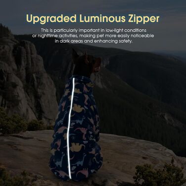 Флісова куртка для собак ROZKITCH, теплий пуловер, піжама, вітростійка, тепла, для холодної погоди, жилет з відбиваючим шнуром, комбінезон, одяг, комплект для великих собак, динозавр 4XL (довжина спини: 31.1'), блакитний динозавр