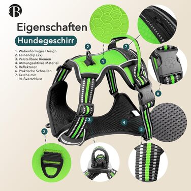 Шлейка для собак середніх порід Bluzelle, світловідбиваюча з ручкою та кишенею для GPS-трекера, анти-тяга, дихаюча, розмір M, зелена