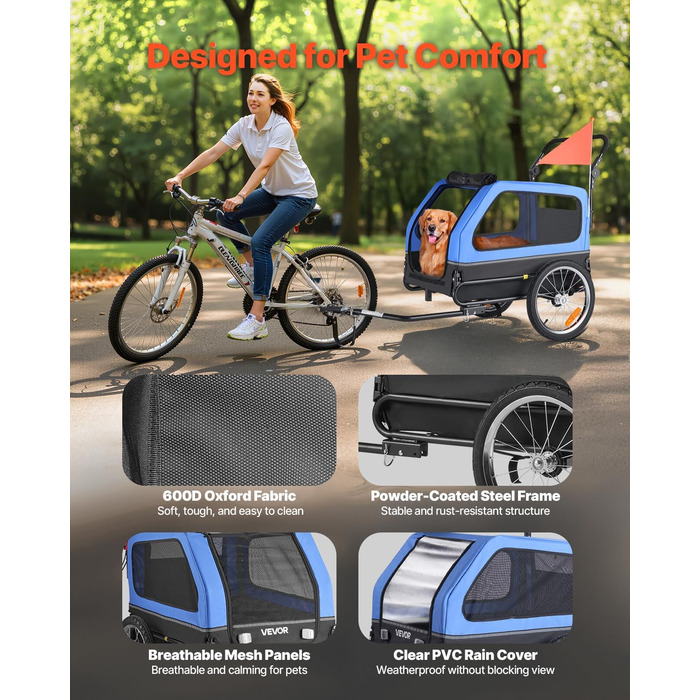 Причіп для собак VEVOR до 40 кг, 2-в-1, для маленьких та великих собак, з розкладним каркасом, універсальний з'єднувач, з прапорцем, внутрішній поводок, 1380x755x800 мм