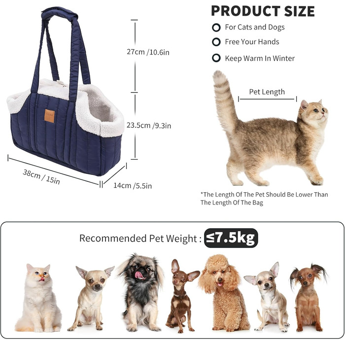 PETCUTE Сумка-переноска для собак та котів, складна, тепла, з гачком безпеки, для маленьких собак, кошенят (Темно-синій)