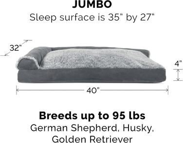 Крісло-лежанка для собак великих порід FurHaven, лежанка-халапа, знімні валики для шиї, знімний та пральний чохол, плюш та оксамит, сірий колір, розмір Jumbo/XL (102 x 81 x 20 см)